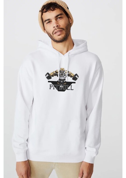 Pitbull V Power Baskılı Beyaz Erkek Örme Kapşonlu Sweatshirt Uzun Kol