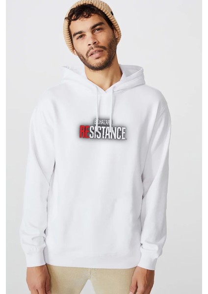 Resident Evil Resistance Baskılı Beyaz Erkek Örme Kapşonlu Sweatshirt Uzun Kol