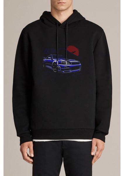 Nissan Skyline Gtr R34 Baskılı Siyah Erkek Örme Kapşonlu Sweatshirt Uzun Kol