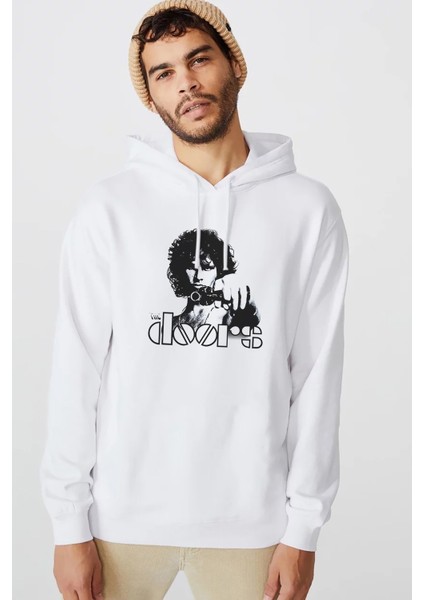 The Doors Solist Baskılı Beyaz Erkek Örme Kapşonlu Sweatshirt Uzun Kol