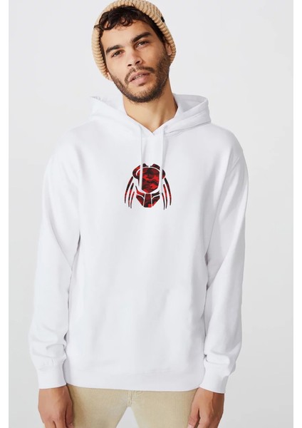 Kırmızı ve Siyah Kamuflaj Predator Illüstrasyon Baskılı Beyaz Erkek Örme Kapşonlu Sweatshirt Uzun Ko