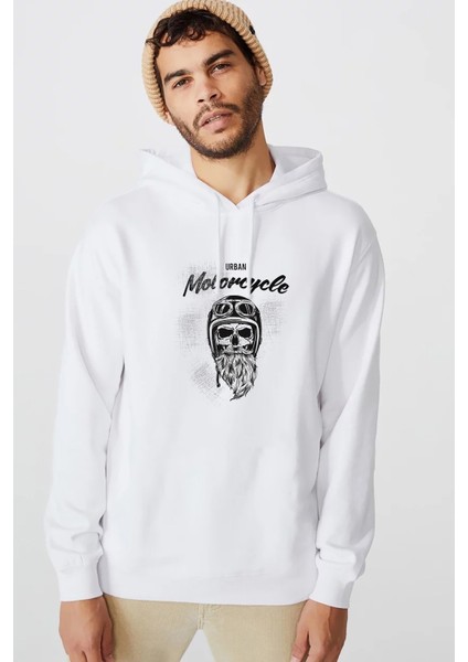 Urban Motorcycle Motorsiklet Baskılı Beyaz Erkek Örme Kapşonlu Sweatshirt Uzun Kol