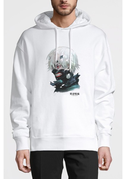 Anime Tokyo Ghoul Anteiku Baskılı Beyaz Erkek Örme Kapşonlu Sweatshirt Uzun Kol