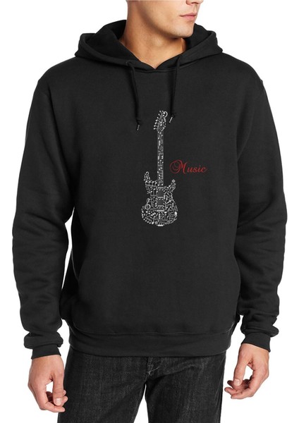 Notalar Gitar Music Müzik Baskılı Siyah Erkek Örme Kapşonlu Sweatshirt Uzun Kol