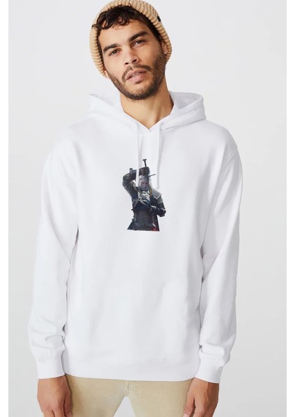 The Witcher Phone Baskılı Beyaz Erkek Örme Kapşonlu Sweatshirt Uzun Kol