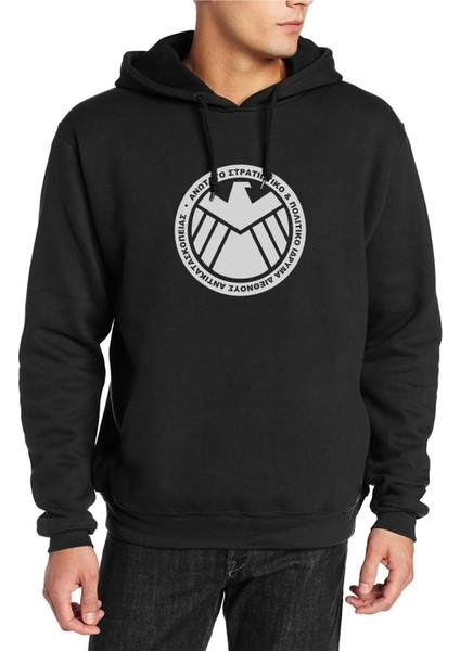 H I E L D Baskılı Siyah Erkek Örme Kapşonlu Sweatshirt Uzun Kol