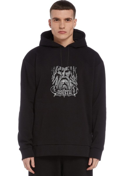 Ensiferum Cave Baskılı Siyah Erkek Örme Kapşonlu Sweatshirt Uzun Kol