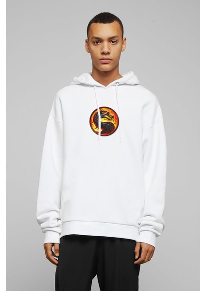 Dragon Creature Mythical Kombat Mortal Baskılı Beyaz Erkek Örme Kapşonlu Sweatshirt Uzun Kol