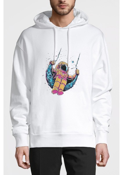 Astronot Ay Salıncak Çocuk Baskılı Beyaz Erkek Örme Kapşonlu Sweatshirt Uzun Kol