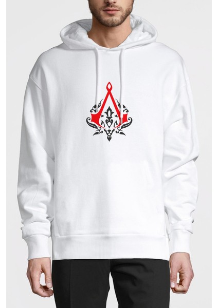 Assassin's Creed Baskılı Beyaz Erkek Örme Kapşonlu Sweatshirt Uzun Kol