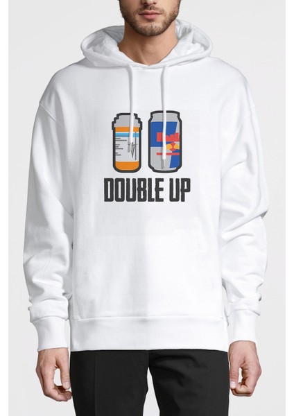 Double Up Baskılı Beyaz Erkek Örme Kapşonlu Sweatshirt Uzun Kol