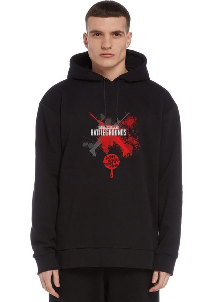 Pubg Kırmızı Tava Baskılı Siyah Erkek Örme Kapşonlu Sweatshirt Uzun Kol