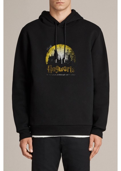H P Hogwarts Apparel Books Visit Baskılı Siyah Erkek Örme Kapşonlu Sweatshirt Uzun Kol