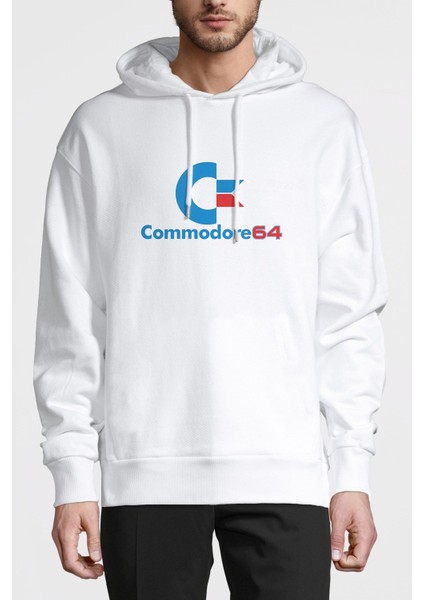 Commodore Logo Baskılı Beyaz Erkek Örme Kapşonlu Sweatshirt Uzun Kol