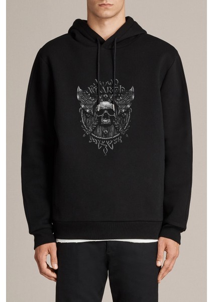 Odin Vikings Skull Baskılı Siyah Erkek Örme Kapşonlu Sweatshirt Uzun Kol