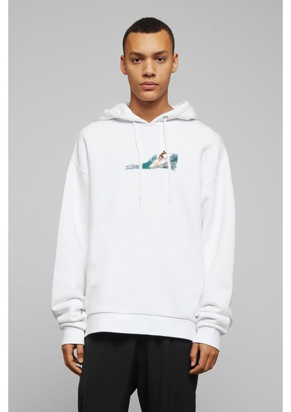 Man Surfing On Waves Clip Art Baskılı Beyaz Erkek Örme Kapşonlu Sweatshirt Uzun Kol
