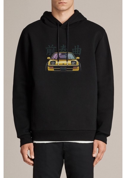 Araba H 1988 Baskılı Siyah Erkek Örme Kapşonlu Sweatshirt Uzun Kol