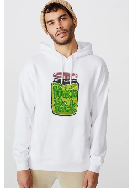 Rick And Morty I Am Pickle Baskılı Beyaz Erkek Örme Kapşonlu Sweatshirt Uzun Kol