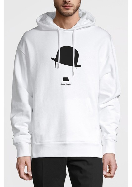 Chaplin Comic Charlıe Chaplın Baskılı Beyaz Erkek Örme Kapşonlu Sweatshirt Uzun Kol