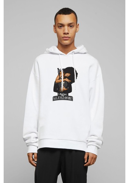 Rap Hiphop 2pac All Eyez On Baskılı Beyaz Erkek Örme Kapşonlu Sweatshirt Uzun Kol