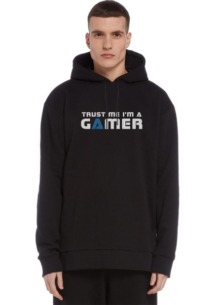 Trusm Me A'm A Gamer Siyah Baskılı Siyah Erkek Örme Kapşonlu Sweatshirt Uzun Kol