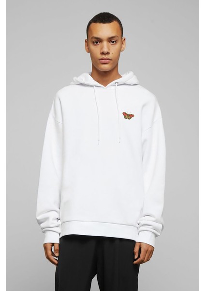 Butterfly Image Baskılı Beyaz Erkek Örme Kapşonlu Sweatshirt Uzun Kol