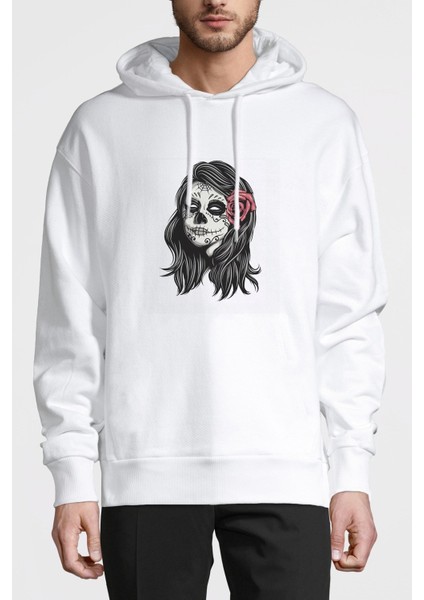 Queen Skull Baskılı Beyaz Erkek Örme Kapşonlu Sweatshirt Uzun Kol