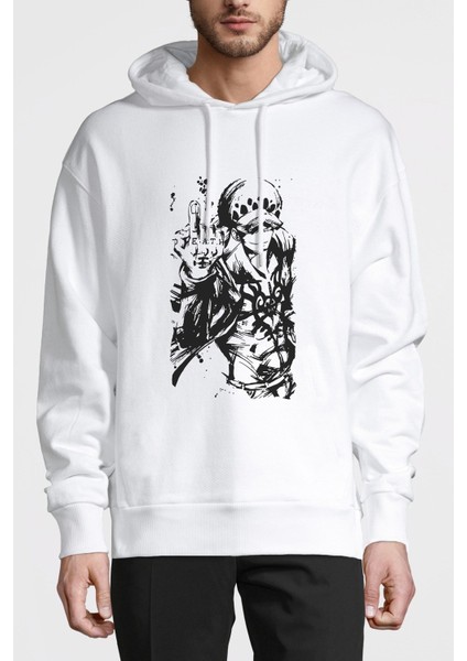 Anime One Piece Baskılı Beyaz Erkek Örme Kapşonlu Sweatshirt Uzun Kol