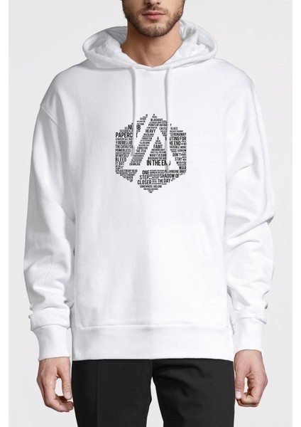 Linkin Park Baskılı Beyaz Erkek Örme Kapşonlu Sweatshirt Uzun Kol