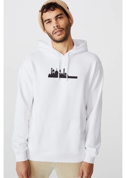 Silhouette Mosque Baskılı Beyaz Erkek Örme Kapşonlu Sweatshirt Uzun Kol