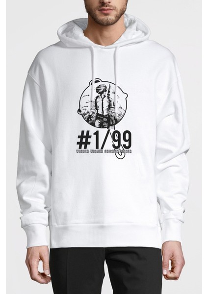 Pubg Pubg Baskılı Beyaz Erkek Örme Kapşonlu Sweatshirt Uzun Kol