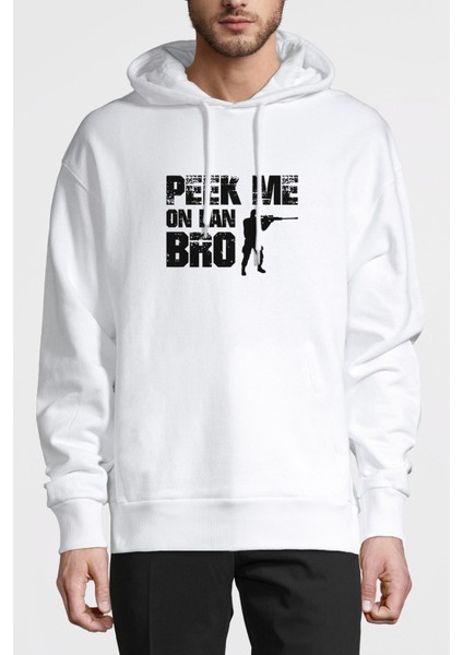 Pubg Peek Me On Lan Bro Baskılı Beyaz Erkek Örme Kapşonlu Sweatshirt Uzun Kol