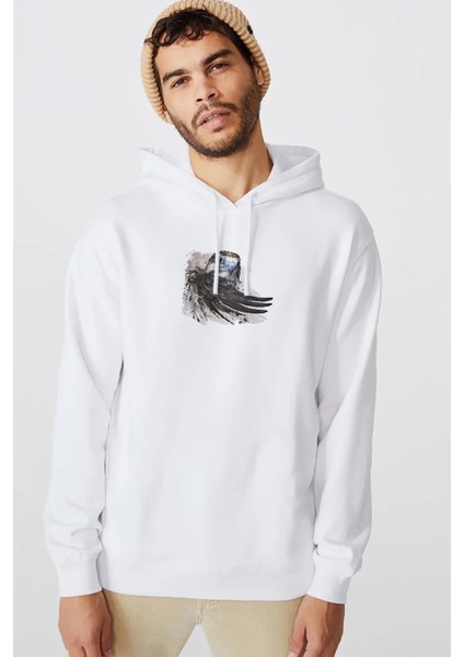Şahin Resim Suluboya Resim Falcon Illüstrasyon Baskılı Beyaz Erkek Örme Kapşonlu Sweatshirt Uzun Kol