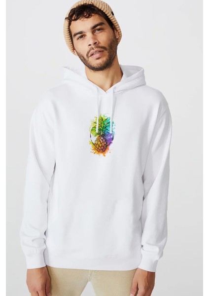 Ananas Kokteyl Suluboya Resim Punch Dövme Baskılı Beyaz Erkek Örme Kapşonlu Sweatshirt Uzun Kol