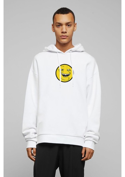 Smile Trollface Internet Troll Gülümseme Yüz Baskılı Beyaz Erkek Örme Kapşonlu Sweatshirt Uzun Kol