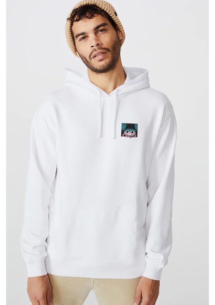 Gece Dışarıyı Izlerken Baskılı Beyaz Erkek Örme Kapşonlu Sweatshirt Uzun Kol