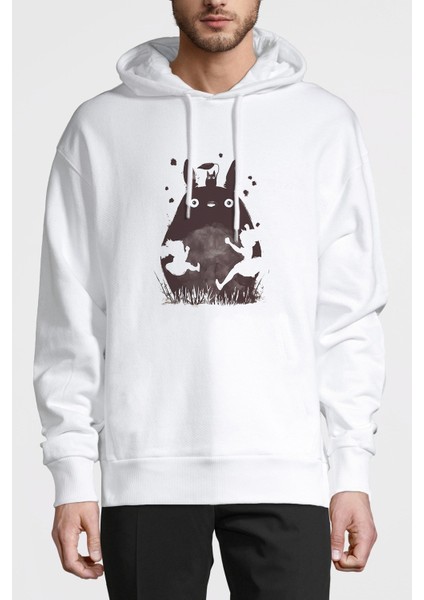 My Neighbor Komşum Totoro Baskılı Beyaz Erkek Örme Kapşonlu Sweatshirt Uzun Kol