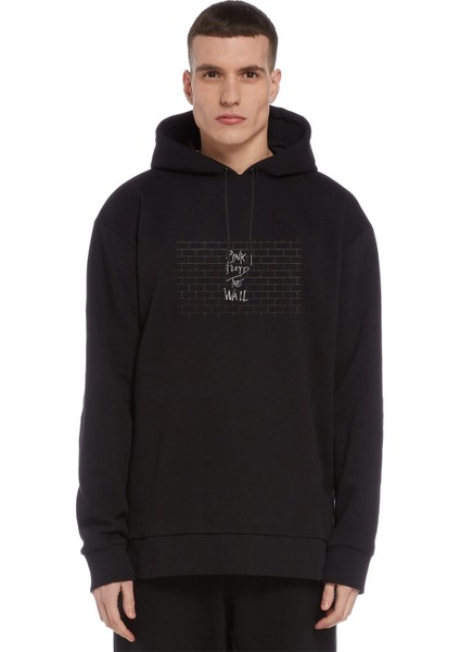 Floyd The Wall Siyah Pink Floyd Baskılı Siyah Erkek Örme Kapşonlu Sweatshirt Uzun Kol