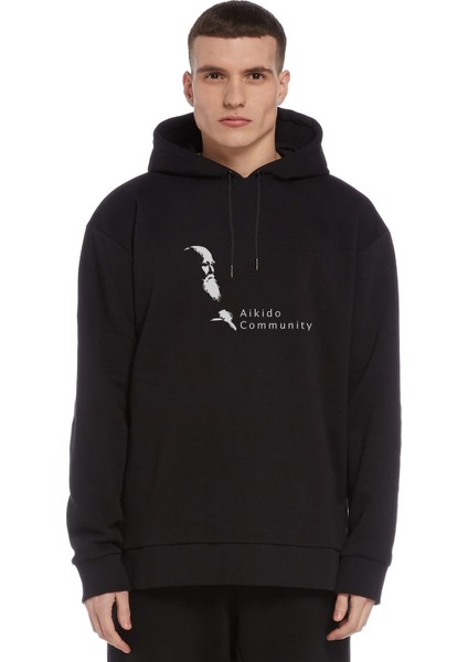 Aikido Community Baskılı Siyah Erkek Örme Kapşonlu Sweatshirt Uzun Kol