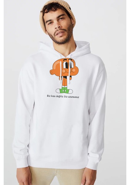 Gumball Biz Kısa Degiliz Siz Uzunsunuz Baskılı Beyaz Erkek Örme Kapşonlu Sweatshirt Uzun Kol