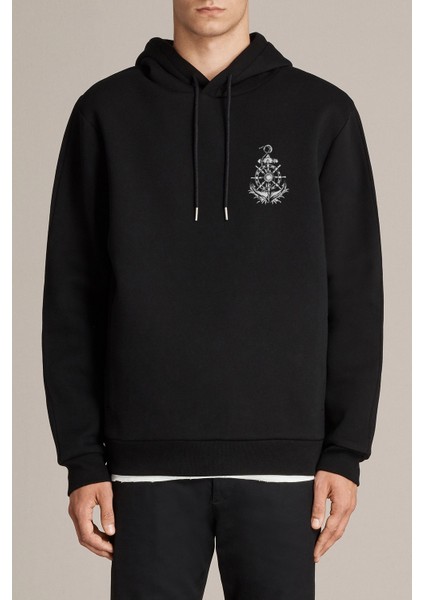 Çapa ve Dümen Illüstrasyon Gemi Çapa Baskılı Siyah Erkek Örme Kapşonlu Sweatshirt Uzun Kol