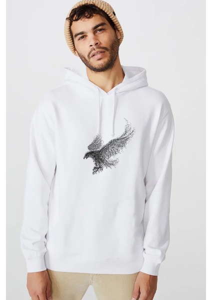 Kel Kartal Kuşu Kanatları Parçacıklar Baskılı Beyaz Erkek Örme Kapşonlu Sweatshirt Uzun Kol