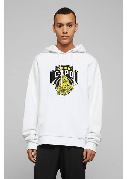 C3PO 2 Baskılı Beyaz Erkek Örme Kapşonlu Sweatshirt Uzun Kol