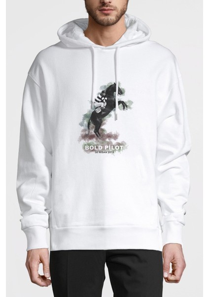 Bold Pilot Baskılı Beyaz Erkek Örme Kapşonlu Sweatshirt Uzun Kol