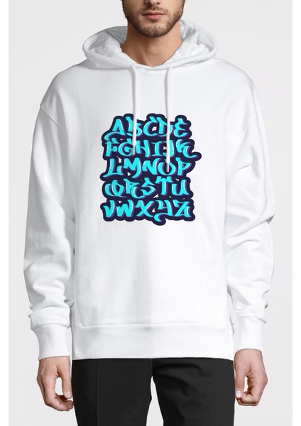 Graffiti Letter Tag Baskılı Beyaz Erkek Örme Kapşonlu Sweatshirt Uzun Kol