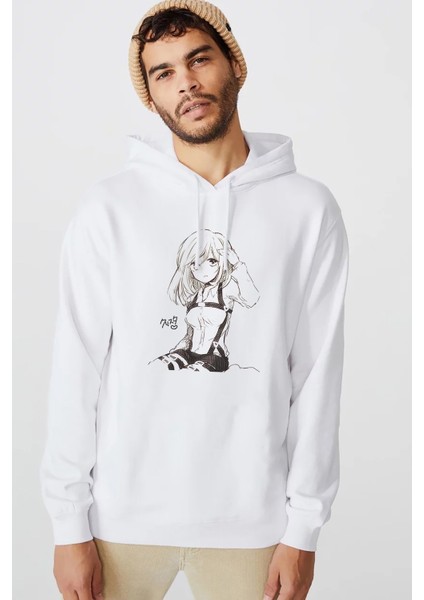 Anime Attack On Titan Baskılı Beyaz Erkek Örme Kapşonlu Sweatshirt Uzun Kol