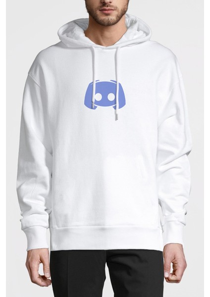 Discord Simge Logo Baskılı Beyaz Erkek Örme Kapşonlu Sweatshirt Uzun Kol