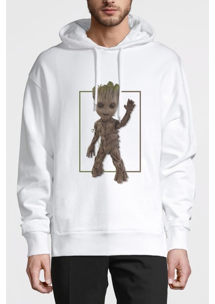 Groot Skull Baskılı Beyaz Erkek Örme Kapşonlu Sweatshirt Uzun Kol