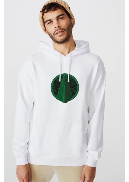 Arrow Logo Classic Baskılı Beyaz Erkek Örme Kapşonlu Sweatshirt Uzun Kol