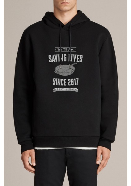 Pubg Yes We Pan Baskılı Siyah Erkek Örme Kapşonlu Sweatshirt Uzun Kol